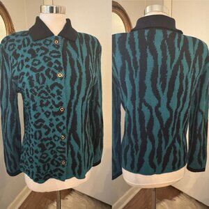 San Remo by Laura Knits Teal Black stretch KNIT Cardigan Sweater animal Small